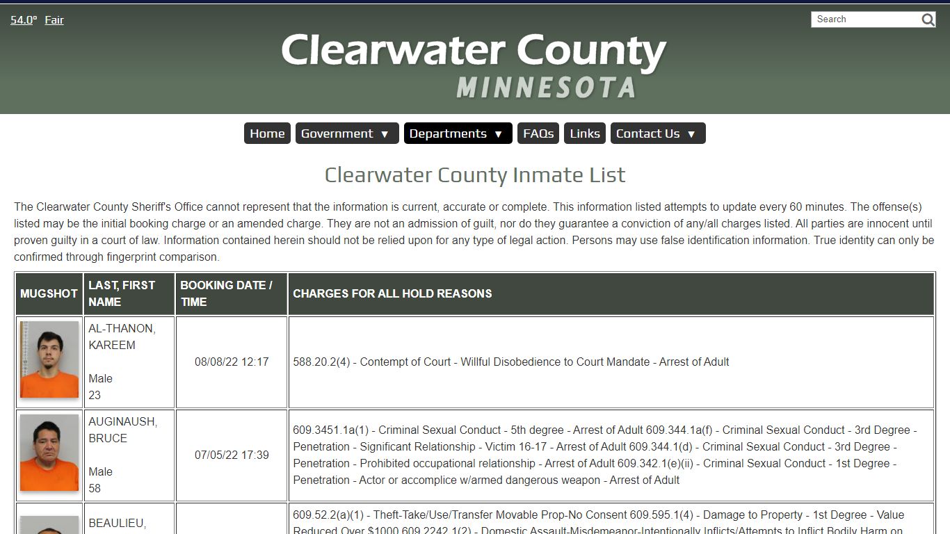 Inmate List - Clearwater County, MN